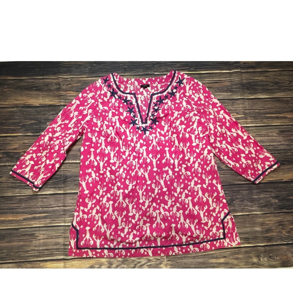 Talbots Tunic Top Womens 1X Pink Lobster Starfish Cotton Nautical 3/4 Sleeve - Picture 2 of 14